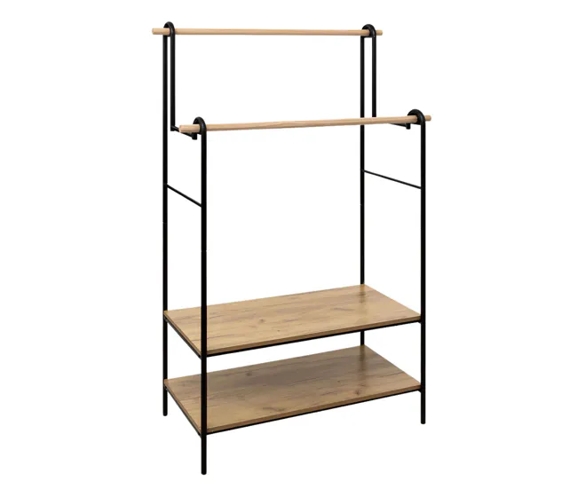 Para Acero Inoxidable 304 Burro de Ropa Doble 2 Estantes y 2 Barras Colgadoras Madera y Acero Negro y Roble Claro 96x164 cm