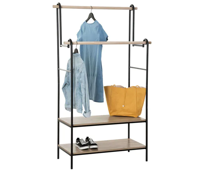 Para Acero Inoxidable 304 Burro de Ropa Doble 2 Estantes y 2 Barras Colgadoras Madera y Acero Negro y Roble Claro 96x164 cm