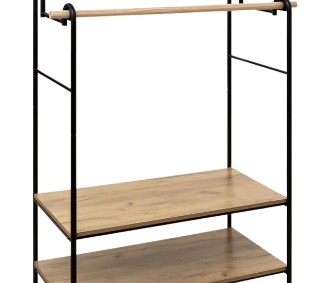 Para Acero Inoxidable 304 Burro de Ropa Doble 2 Estantes y 2 Barras Colgadoras Madera y Acero Negro y Roble Claro 96x164 cm