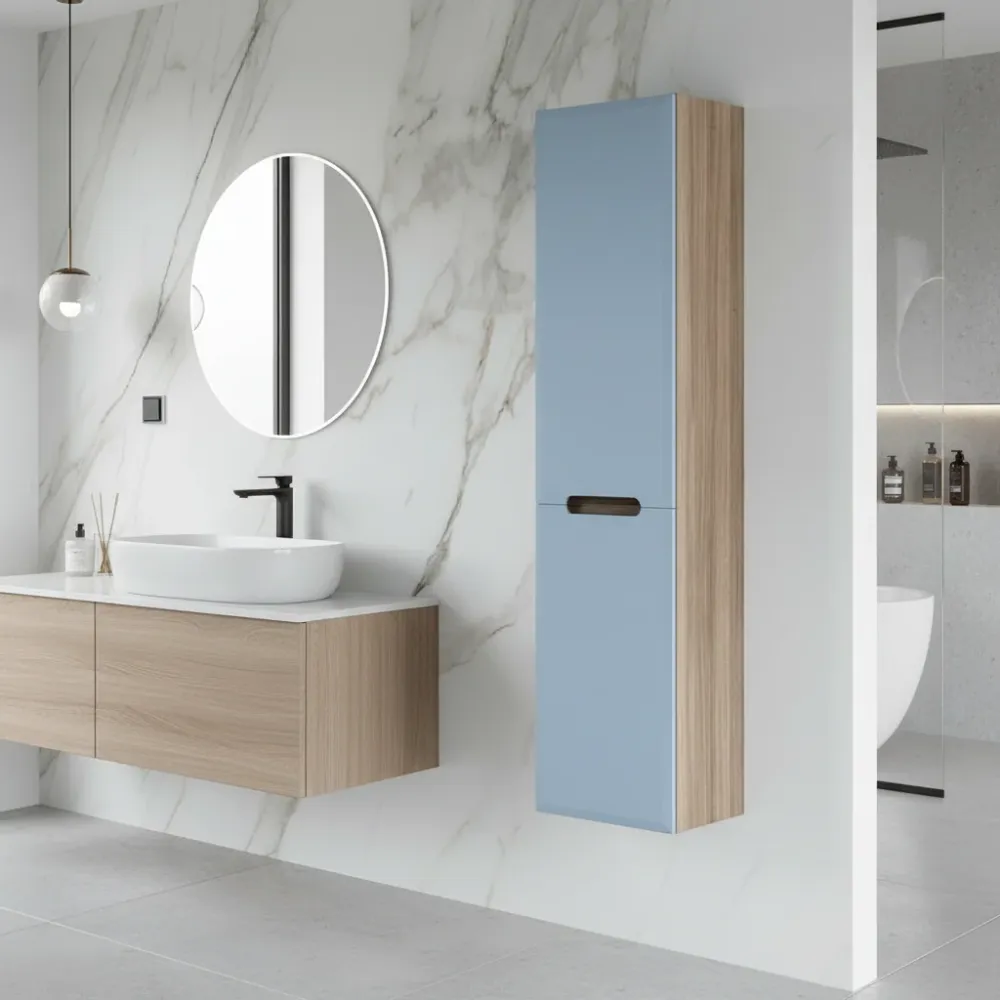 Profesional de Acero Rápido Colonna bagno due ante color Blu pastello Opaco e Rovere Fumo - Fluid