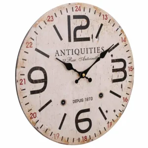 Reloj de pared de madera tiene un acabado en blanco, un diámetro de 34 centímetros y un grosor de 2 centímetros