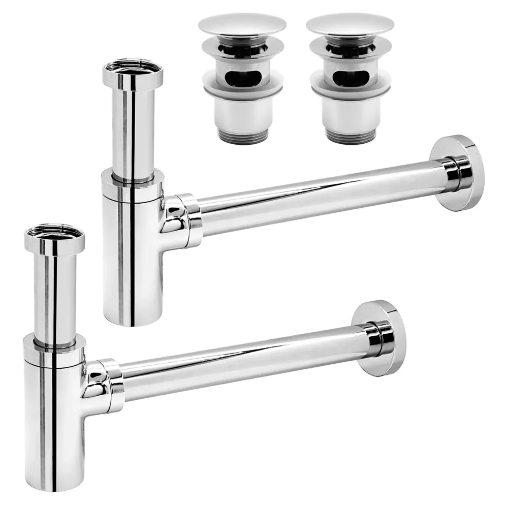 Set 2 Sifoni telescopici bottiglia ottone cromato 12-32 cm con 2 pilette ottone