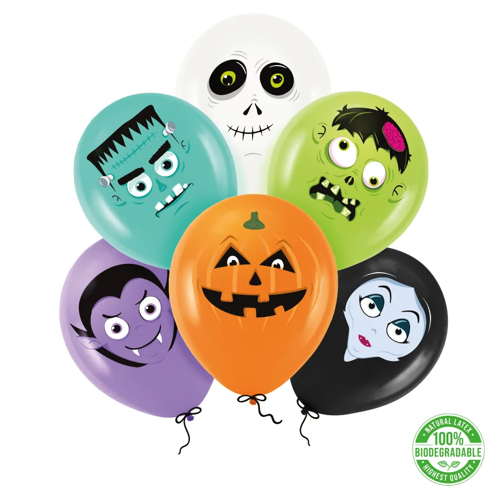 Globos latex biodegradables Monstruos Halloween 12 pulgadas 6 uds.