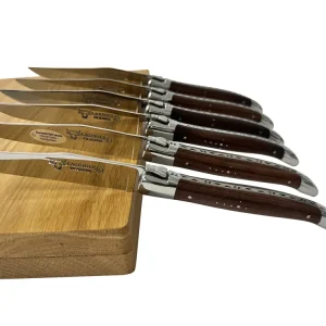 Laguiole en Aubrac Handcrafted 6-Piece Steak Knife Set Morado Rosewood Handles, Brillante Bolsters