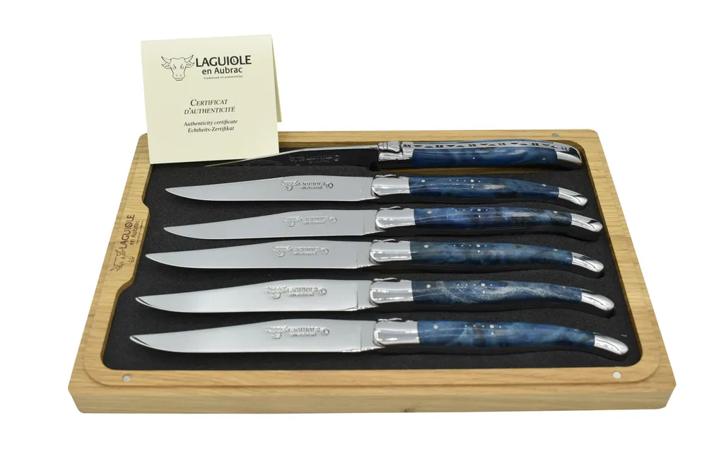 Laguiole en Aubrac Handcrafted 6-Piece Steak Knife Set ñil Poplar Burl Handles, Polished Bolster