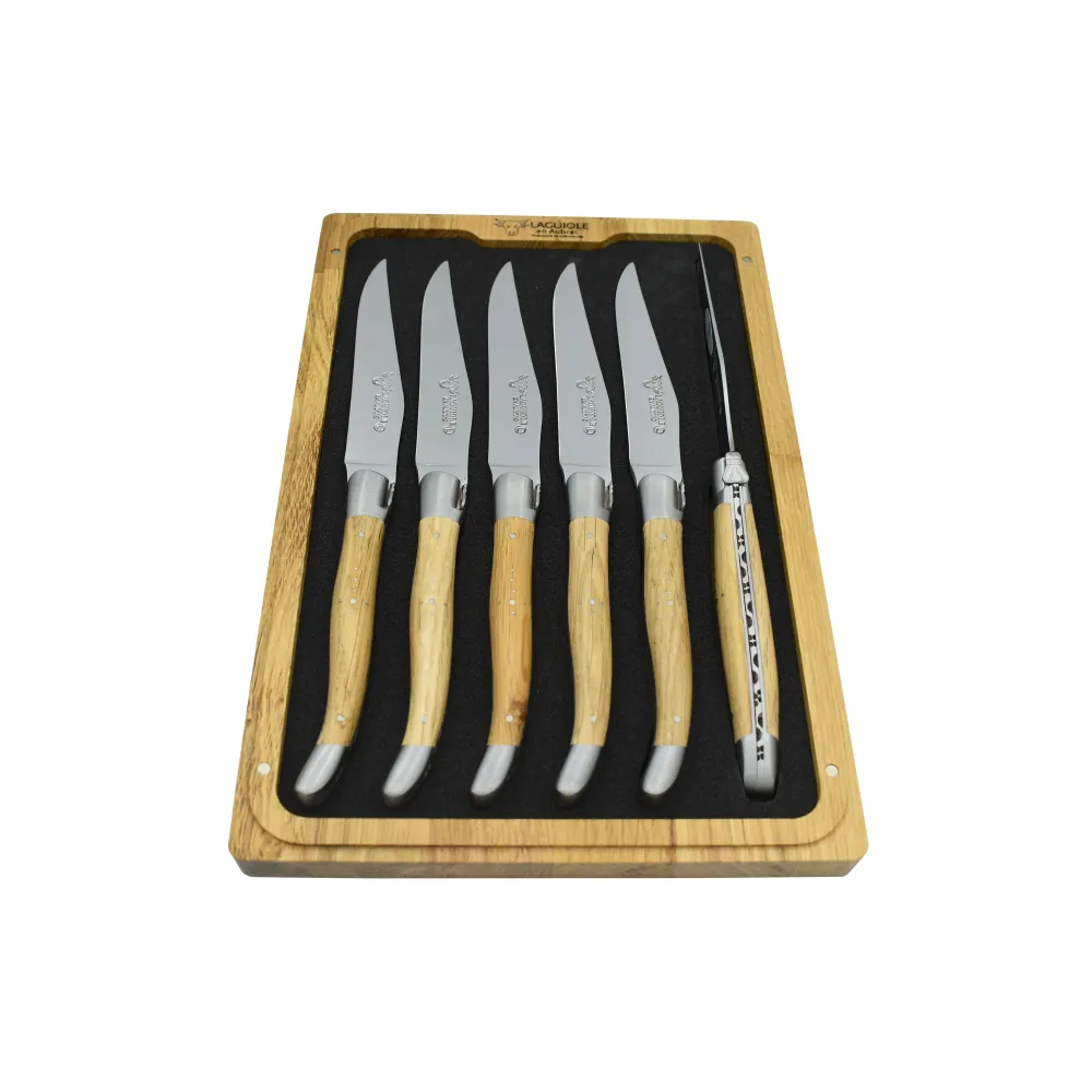 Laguiole en Aubrac Handcrafted Cepillado 6-Piece Steak Knife Set Oak Wood Handles