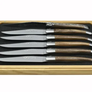 Laguiole en Aubrac Handcrafted Satino 6-Piece Steak Knife Set Walnut Wood Handles