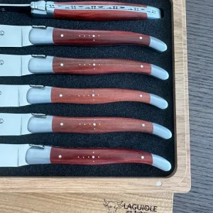 Laguiole en Aubrac Trabajado manualmente 6-Piece Steak Knife Set Red Heart Wood Handles, Brushed Bolsters