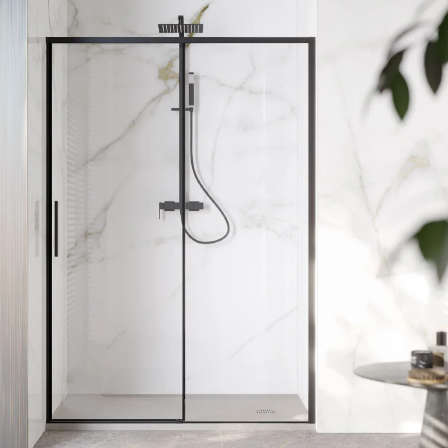 Porta doccia scorrevole per nicchia da 160 cm cristallo da 6 mm con profilo alluminio Nero versione Destra