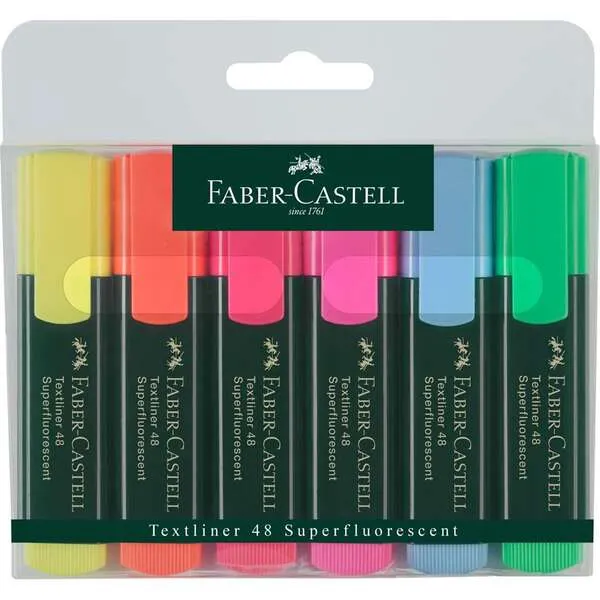 Letrero de Advertencia Faber-Castell Textliner 48 Pack de 6 Marcadores Fluorescentes - Punta Biselada - Trazo entre 1.2mm y