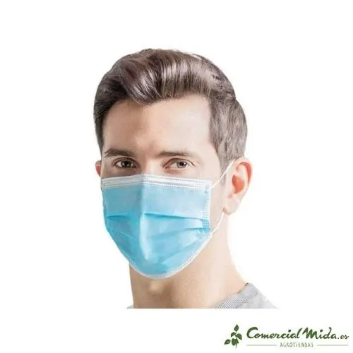 50 Mascarillas Tipo Quirúrgica, 3 Capas, Gomas, Azul, BFE 98% (0,14€/ud)
