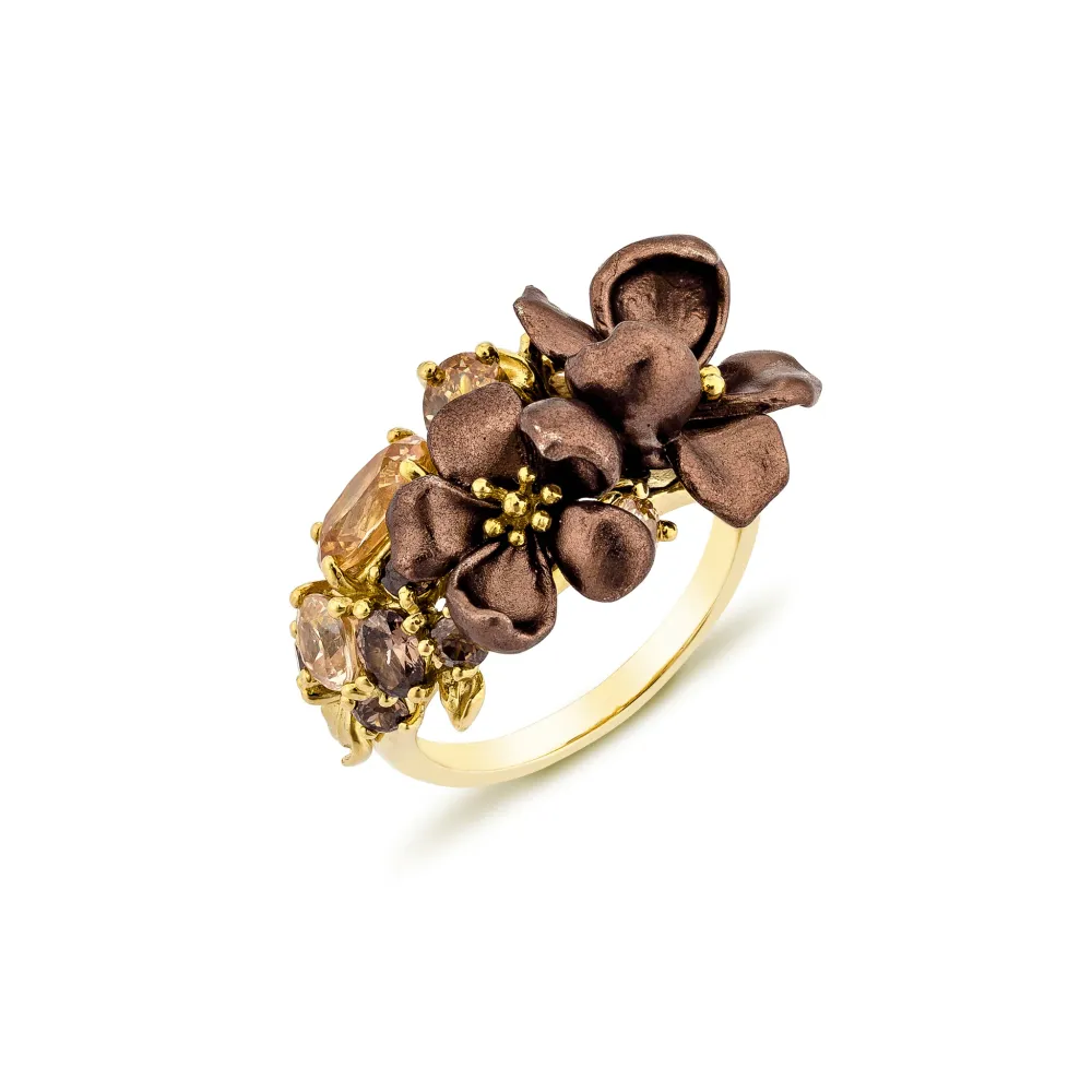 925YG CLUSTER FLOWERS ALUMINIUM BROWN CHAMPANGE CAFÉ CZ RING T6