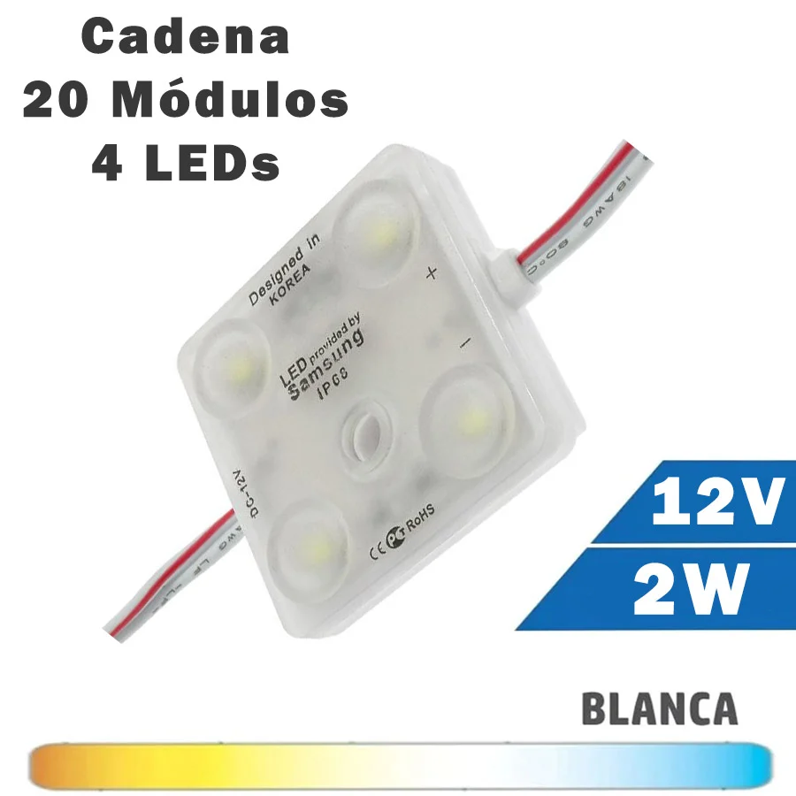 Bloque de Bornes Cadena 20 Módulos LED 2W 4 Diodos 12V 160º Luz Blanca