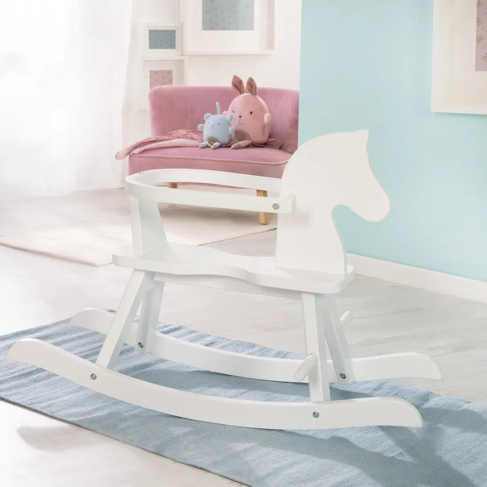 OEM de Calidad Rocking Horse Sólido Wood, Natural-Red, Adjustable Removable Safety Ring