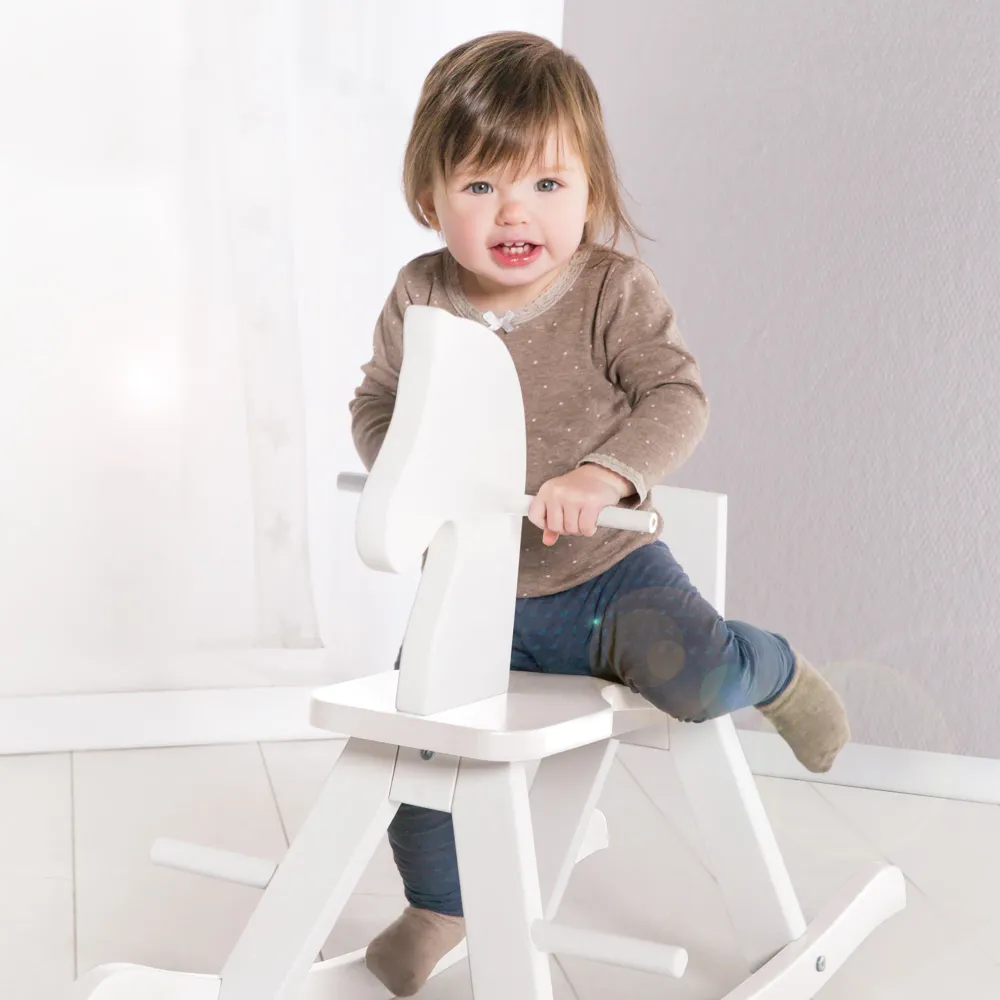 OEM de Calidad Rocking Horse Sólido Wood, Natural-Red, Adjustable Removable Safety Ring