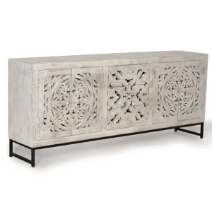 Aparador madera de mango y patas acero blanco envejecido de 81x38x190 cm - Giner y Colomer