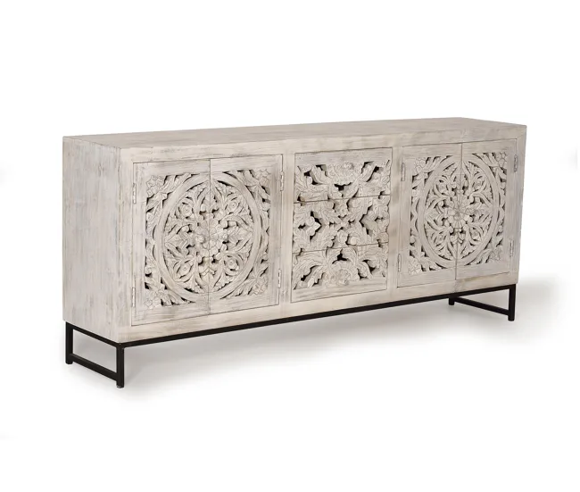 Aparador madera de mango y patas acero blanco envejecido de 81x38x190 cm - Giner y Colomer