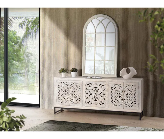Aparador madera de mango y patas acero blanco envejecido de 81x38x190 cm - Giner y Colomer