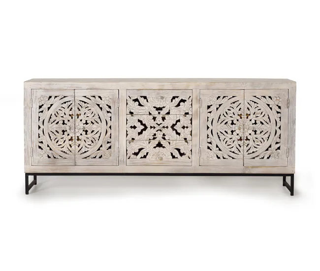 Aparador madera de mango y patas acero blanco envejecido de 81x38x190 cm - Giner y Colomer