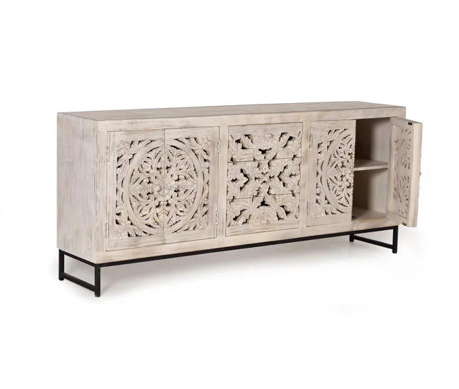 Aparador madera de mango y patas acero blanco envejecido de 81x38x190 cm - Giner y Colomer