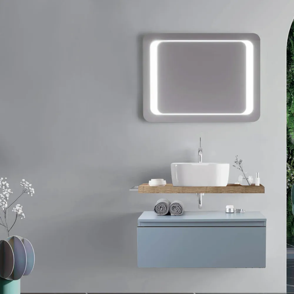 Certificado HACCP Mobile bagno con lavabo d'appoggio ceramica e specchio led cm 80 rovere naturale e blu pastello opaco- C...