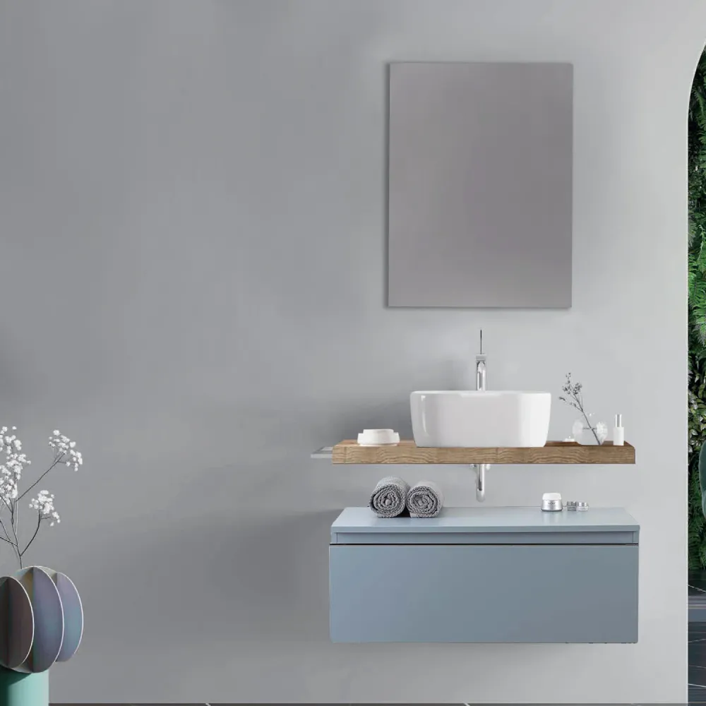 Mobile bagno con lavabo d'appoggio ceramica e specchio cm 80 rovere naturale e blu pastello opaco - Cubi&Co modello Destiny 2
