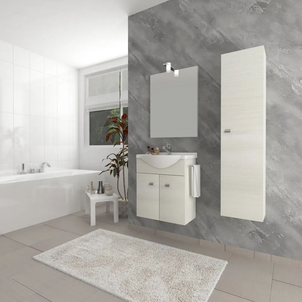 Mobile bagno sospeso con lavabo, specchiera e colonna Cubi&Co Smeraldo 55 cm - Rovere Bianco