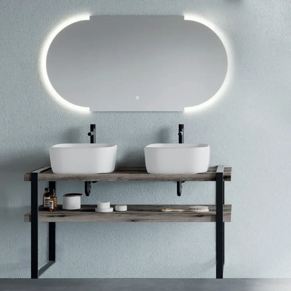Mobile bagno sospeso doppio lavabo d'appoggio e specchio led con mensole rovere fossile Cubi&Co Destiny 8 10 x 15 cm