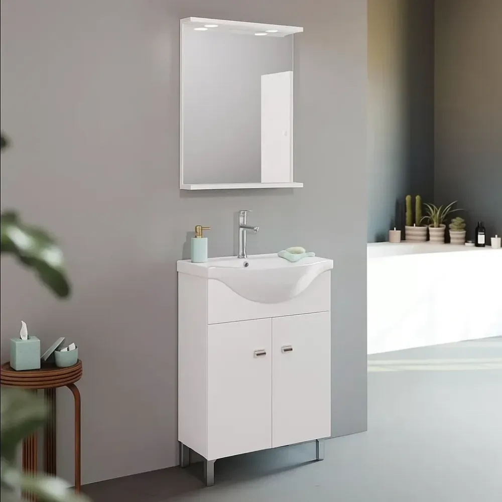 Mobile bagno terra con specchiera e lavabo integrato Cubi&Co modello Savio 65 cm - Bianco Lucido