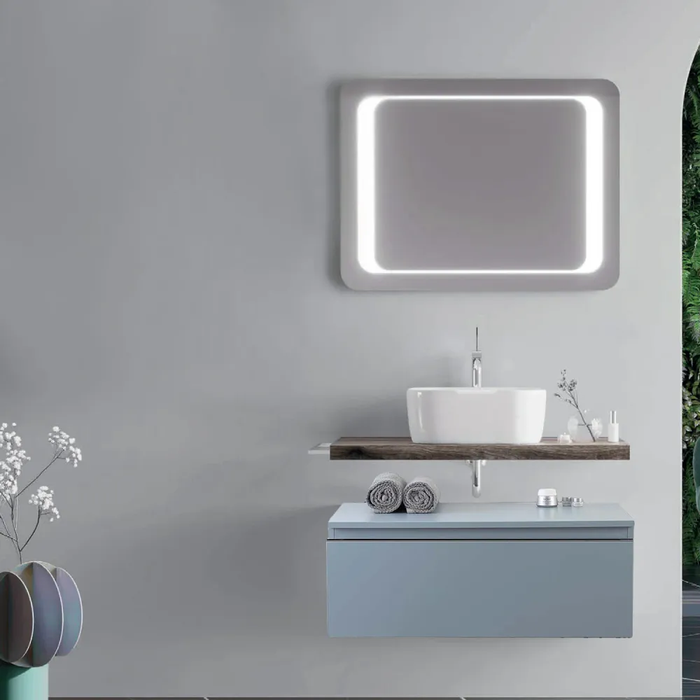 Portarrollos de Papel Mobile bagno con lavabo d'appoggio ceramica e specchio led cm 80 rovere fossile e blu pastello opaco...