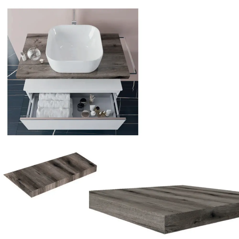 Portarrollos de Papel Mobile bagno con lavabo d'appoggio ceramica e specchio led cm 80 rovere fossile e blu pastello opaco...