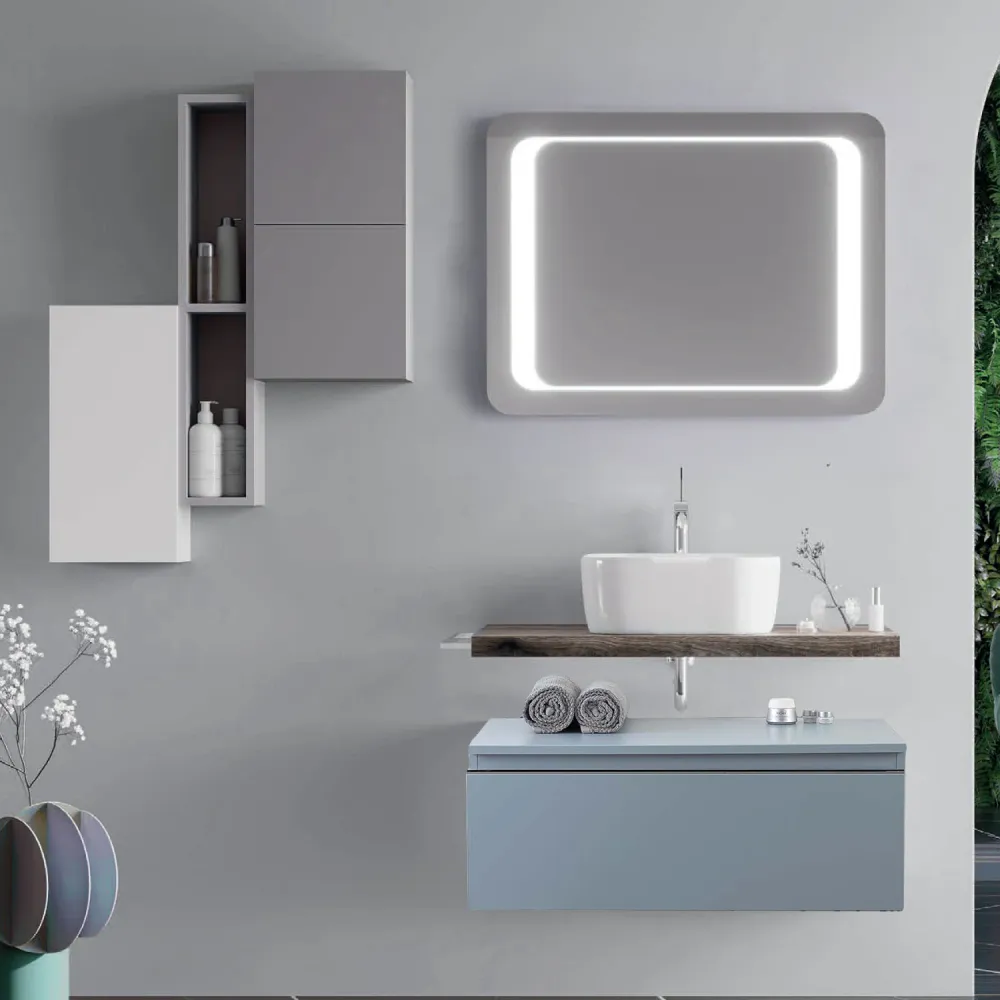 Portarrollos de Papel Mobile bagno con lavabo d'appoggio ceramica e specchio led cm 80 rovere fossile e blu pastello opaco...