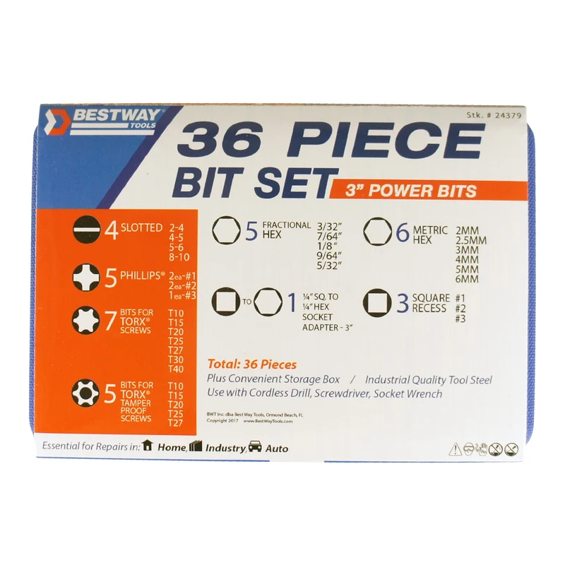 Juego de 36 puntas de destornillador de acero al carbono de 1/4 pulg. x 3 pulg. de Best Way Tools