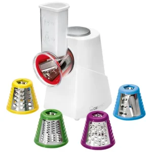 Clatronic ME 3604 Cortadora Verduras Eléctrico, Óptimo para Cortar, Rallar, Triturar, 5 Funciones, 5 Acce. Acero, 150, Blanco