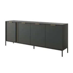 Comoda LARS en negro, dorado con un estilo vanguardista, mide 82x203x40 cm y tiene 8 estantes, 4 puertas