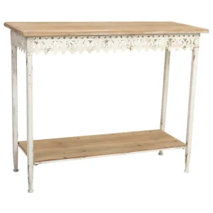 Recibidor de madera y acero blanco con 1 balda y acabado envejecido 105x38,5x85h cm