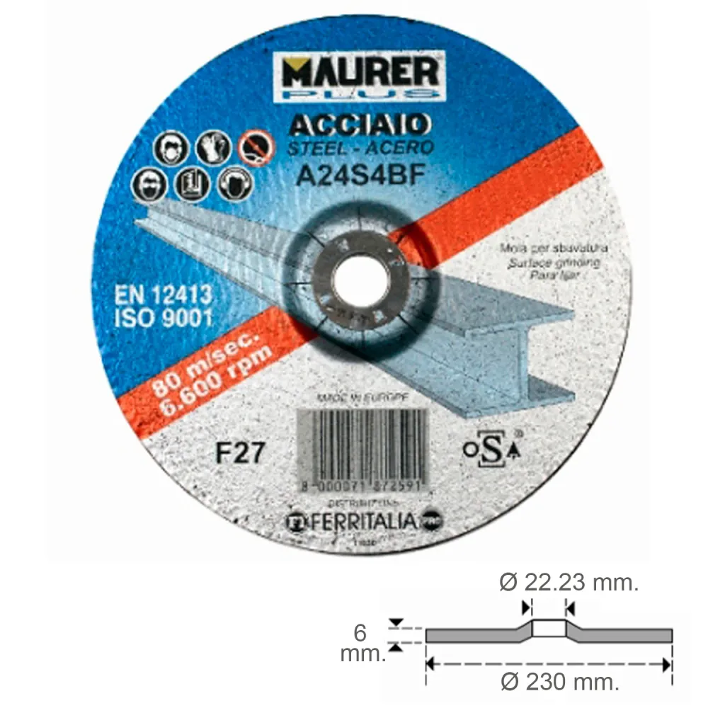 Disco Repasar Abrasivo Acero Ø 230 x 6 x 22,23 mm. Disco de Fibra | Seguro