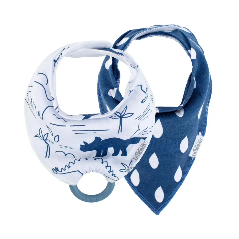 Babero bandana Dr. Brown’s™ con mordedor presión, dinosaurios y gotas azules (paquete de 2) | Cumple Normativas ISO