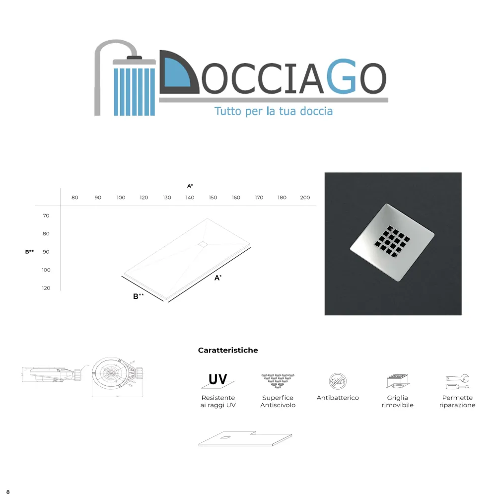 Piatto doccia qualità Premium Superior Evo 100x200 mineralmarmo colore bianco superficie Antibatterica