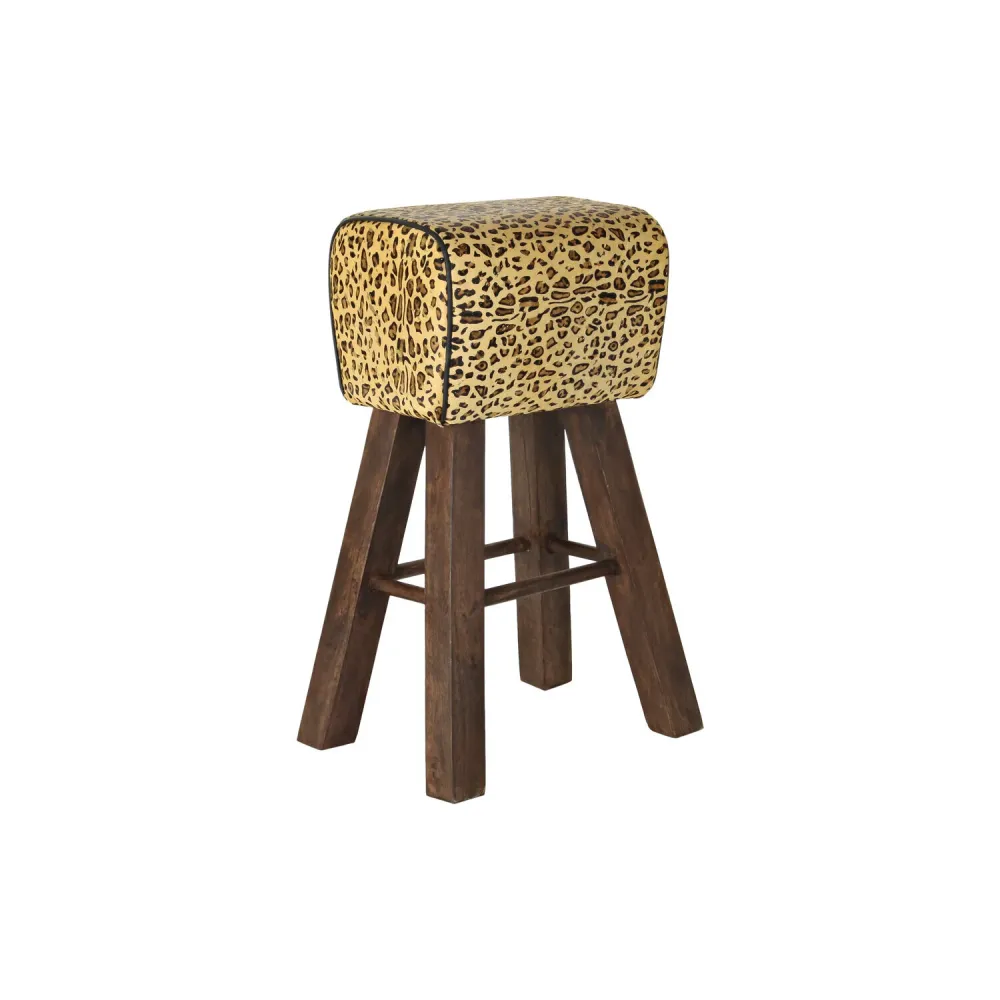 TABURETE MADERA PIEL 43X35X75 LEOPARDO MARRON