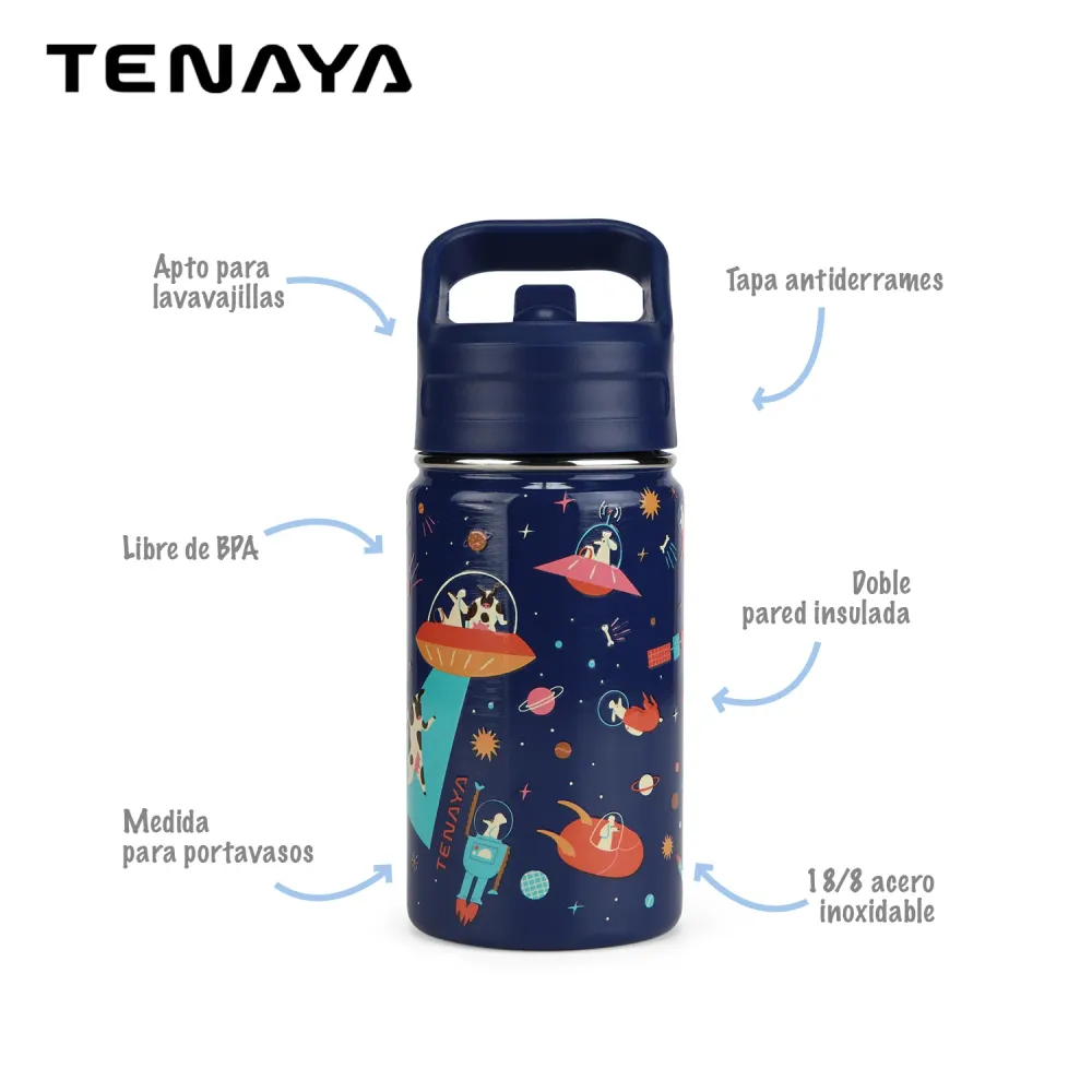 Botella Infantil Tenaya Dakota 360 ml – Acero Inoxidable, Tapa Antiderrames y Cañita BPA Free con Sello de Goma EPDM