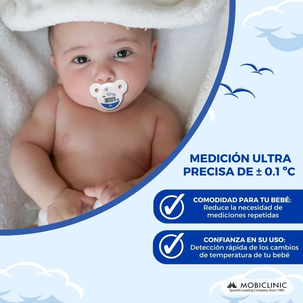 Termómetro electrónico con forma de chupete | Infantil | Punta redonda | Chupete suave | Pantalla LCD | Mobiclinic