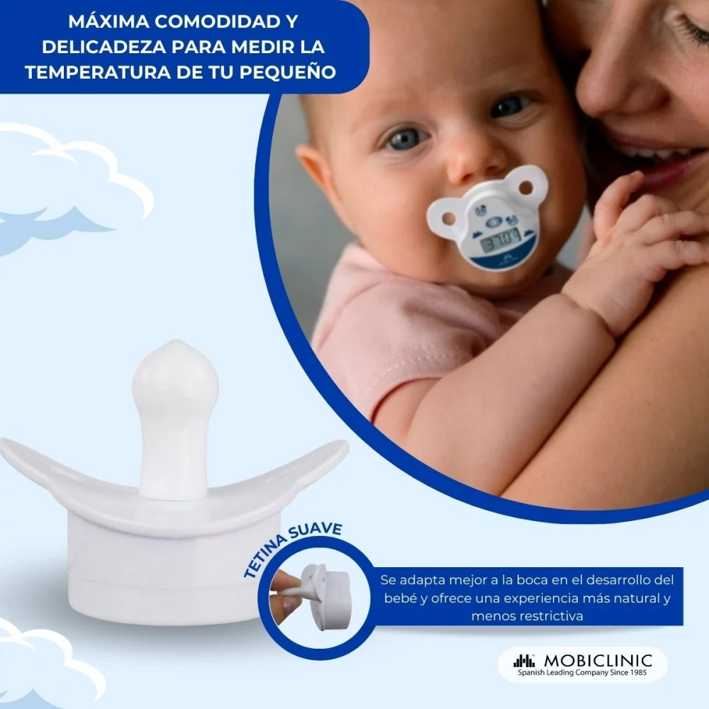 Termómetro electrónico con forma de chupete | Infantil | Punta redonda | Chupete suave | Pantalla LCD | Mobiclinic