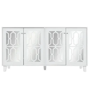 Aparador - 4 puertas y estantes regulables - tirador de cristal - Blanco con Agujeros de Montaje Estándar