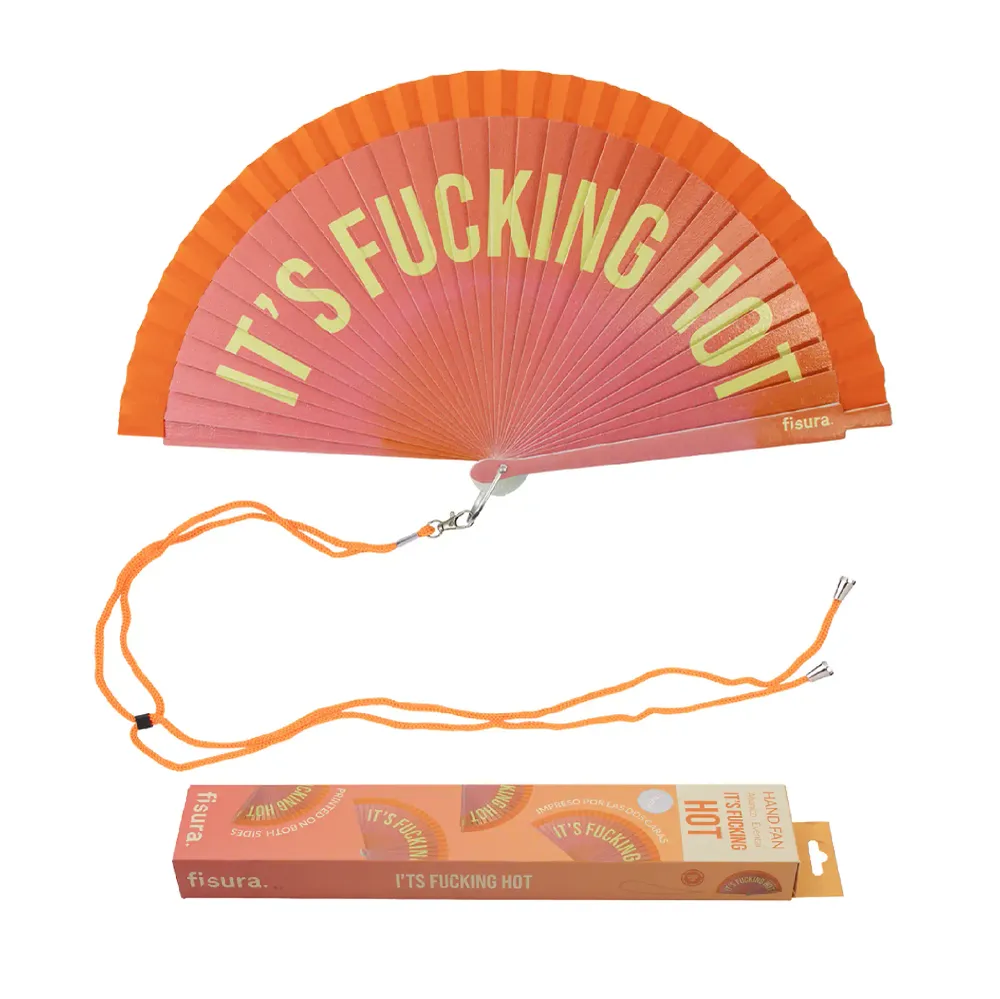 Abanico pintado "I'm fucking hot" degradado naranja con Adhesivo de Doble Cara Incluido