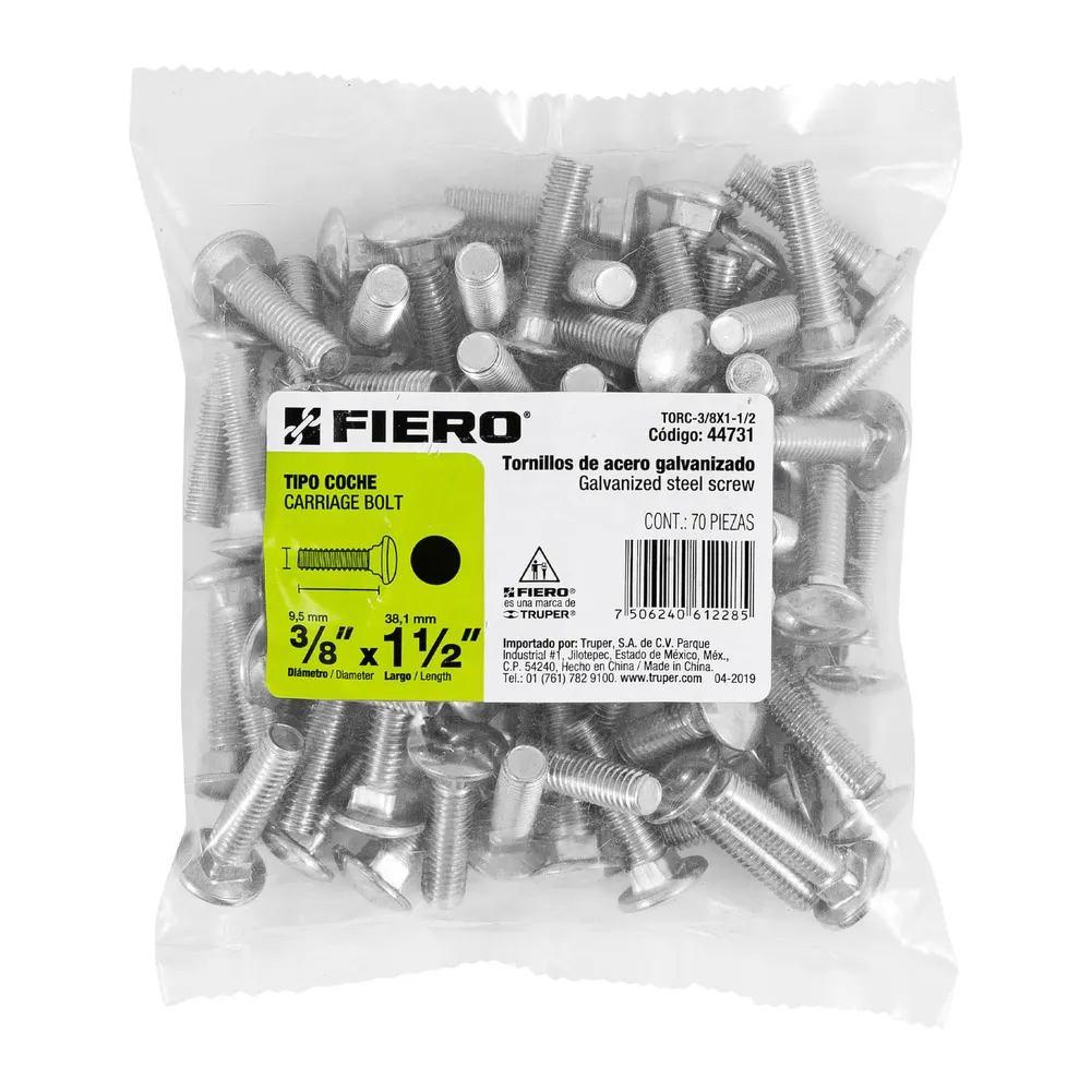 Sistema de Guí Lineal TORNILLO COCHE GALVANIZADO, 3/8 X 1 1/2" POR PIEZA
