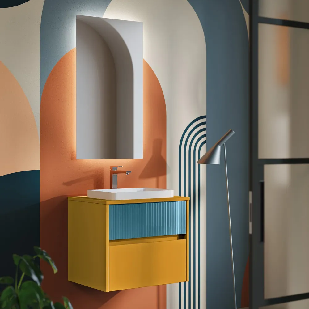 Mueble de baño suspendido Niwa03 de Falegnameria Adriatica con lavabo y espejo L.60+P.46 - Mostaza y Azul Pacífico