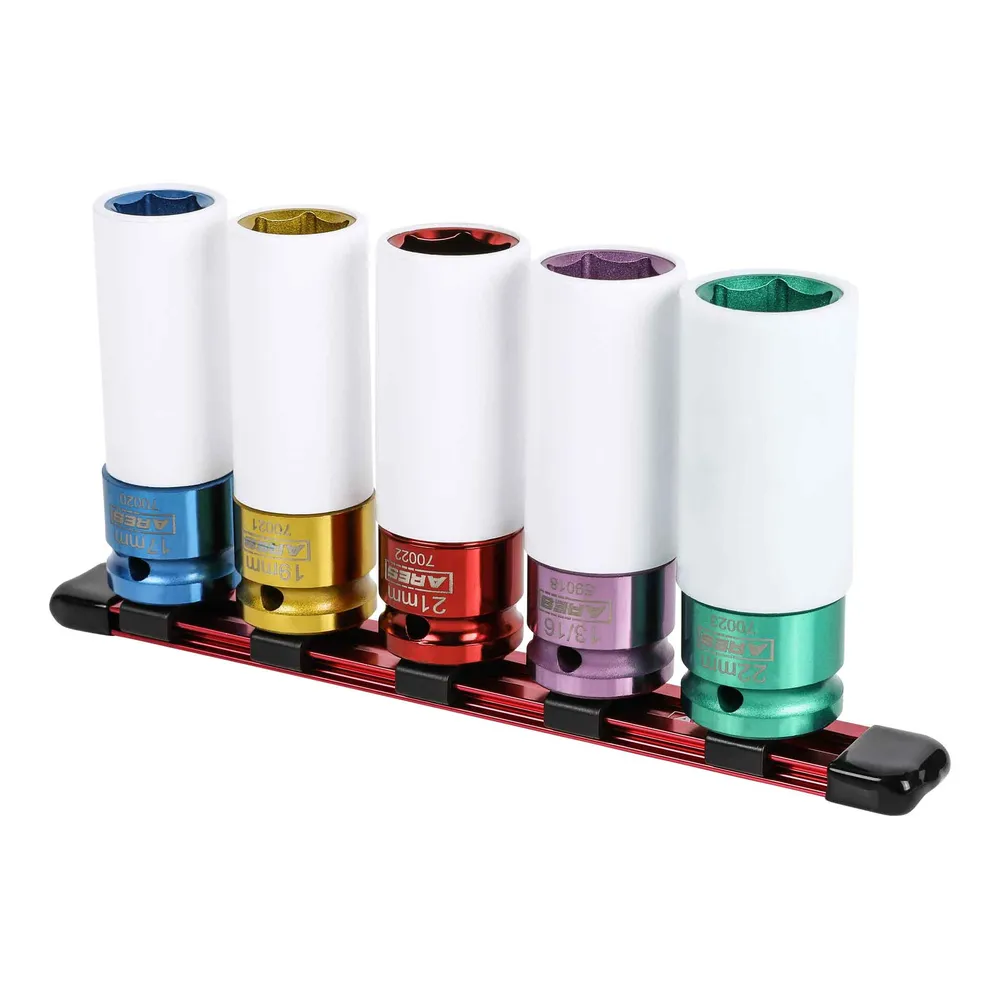 ARES 59017 - Juego de 5 dados de impacto antirayaduras de colores para tuercas de seguridad con accionamiento de 1/2 pulga...