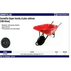 Toolcraft tc0603 carretilla super honda 6pies cubicos llanta neumatica reforzada para Aplicaciones Pesadas