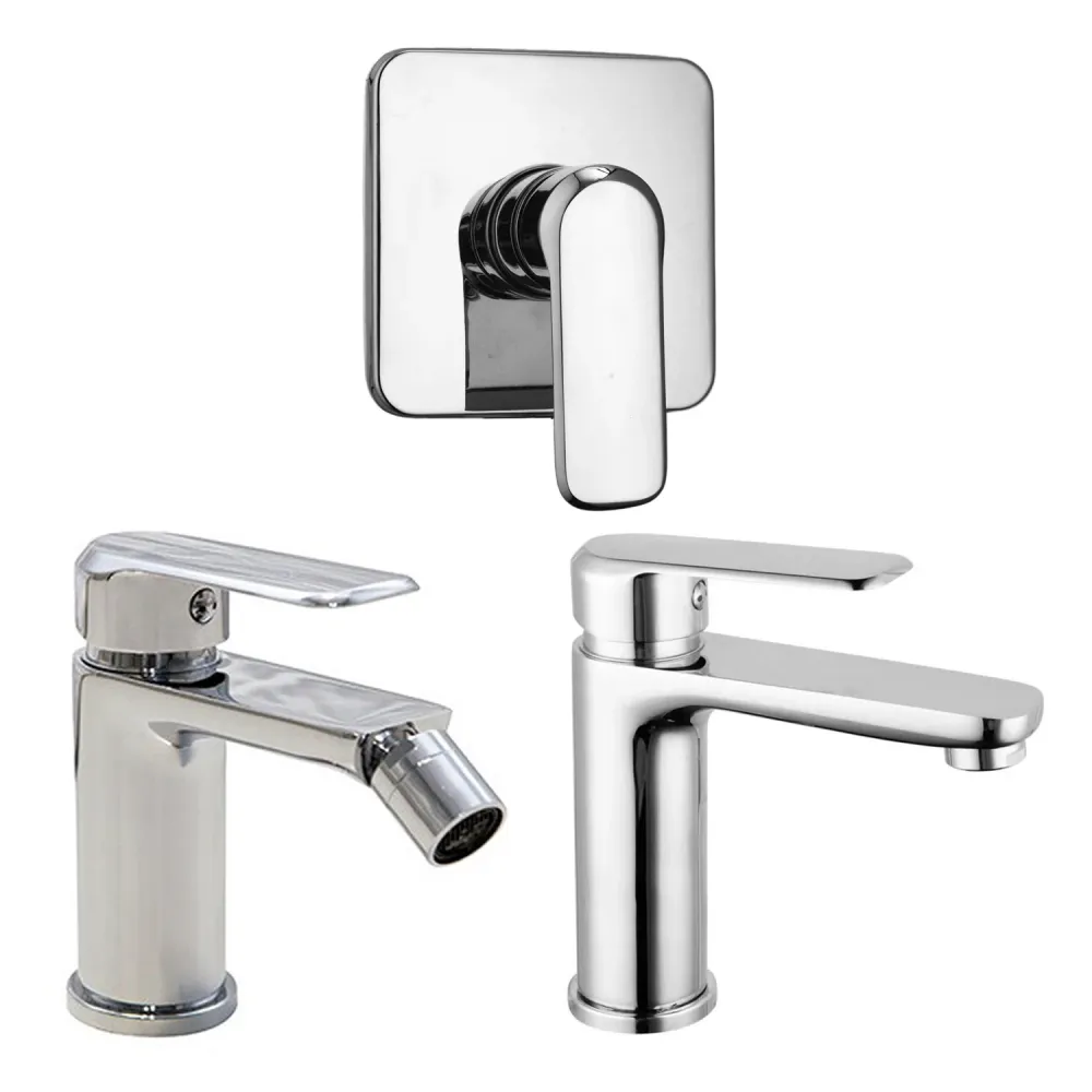 Composizione di miscelatori per lavabo, bidet e doccia una via quadro Hopper ottone cromato